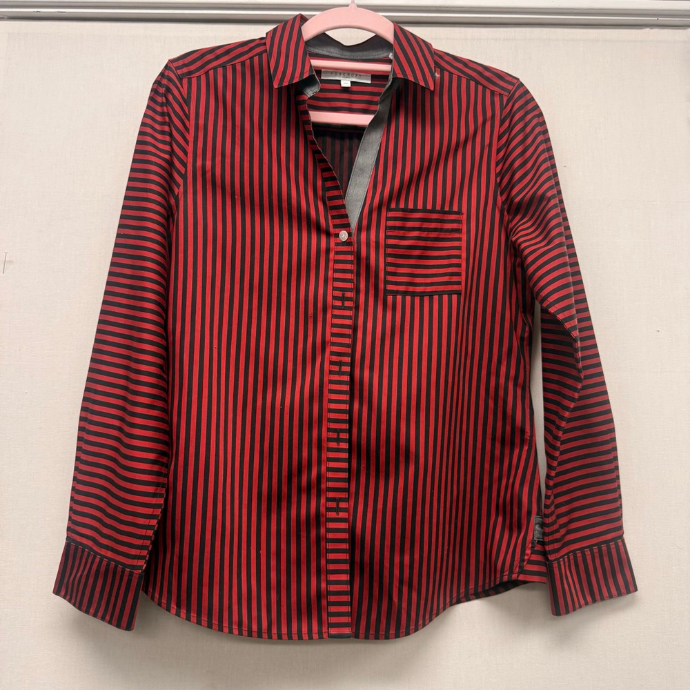 Women's FOX CROFT Red Black Striped Button Down Shirt 10P